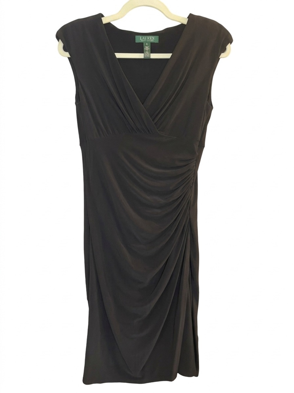 Ralph Lauren black ruched v neck sleeveless body con dress
